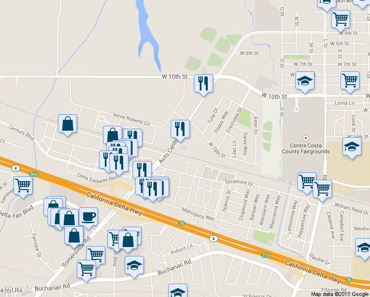 map of restaurants, bars, coffee shops, grocery stores, and more near 1831 Auto Center Drive in Antioch