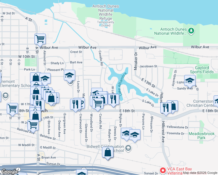 map of restaurants, bars, coffee shops, grocery stores, and more near 1601 Bruce Street in Antioch