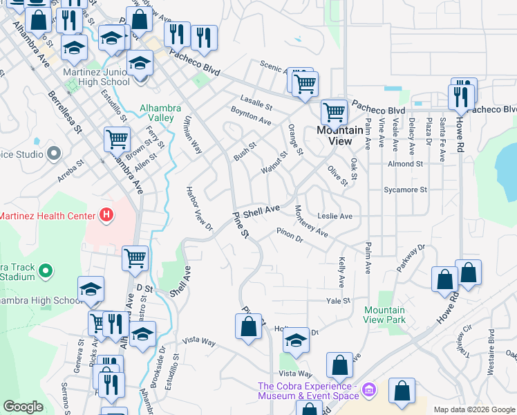 map of restaurants, bars, coffee shops, grocery stores, and more near 2301 Pine Street in Martinez