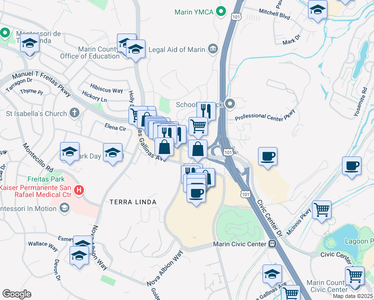 map of restaurants, bars, coffee shops, grocery stores, and more near 750 Las Gallinas Avenue in San Rafael