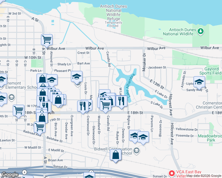 map of restaurants, bars, coffee shops, grocery stores, and more near 1613 Cavallo Road in Antioch