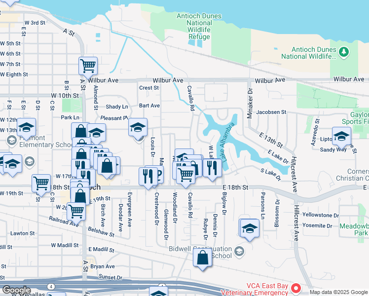 map of restaurants, bars, coffee shops, grocery stores, and more near 1613 Cavallo Road in Antioch