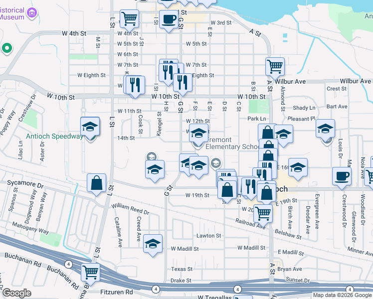 map of restaurants, bars, coffee shops, grocery stores, and more near 518 West 16th Street in Antioch