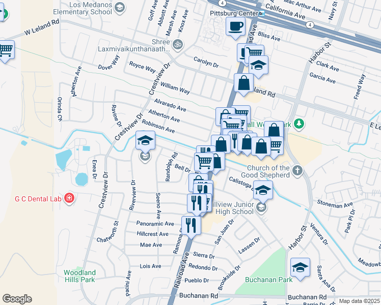 map of restaurants, bars, coffee shops, grocery stores, and more near 185 Madoline Street in Pittsburg