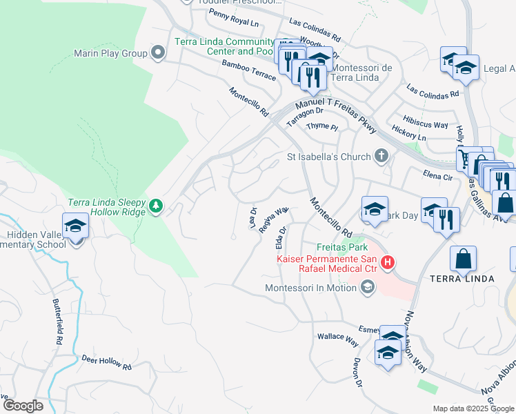 map of restaurants, bars, coffee shops, grocery stores, and more near 36 Regina Way in San Rafael