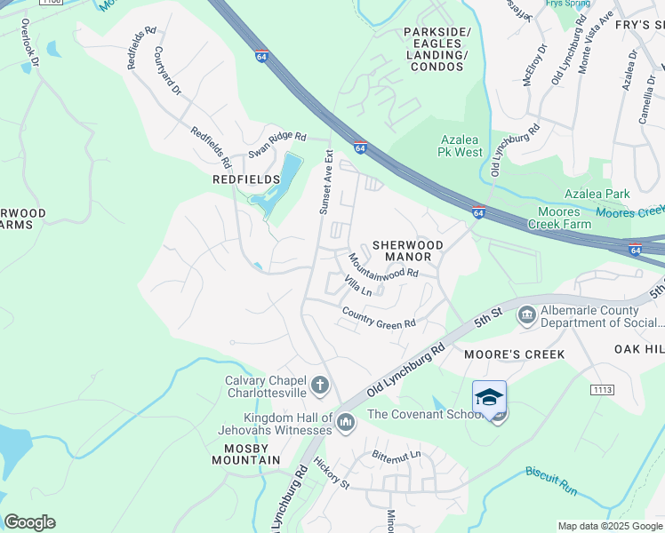 map of restaurants, bars, coffee shops, grocery stores, and more near 1354 Villa Way in Charlottesville