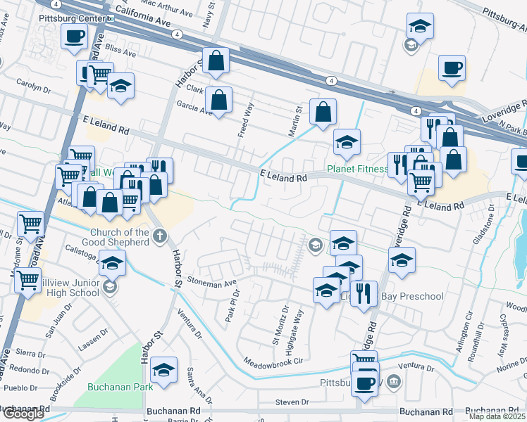 map of restaurants, bars, coffee shops, grocery stores, and more near 107 Reef Drive in Pittsburg