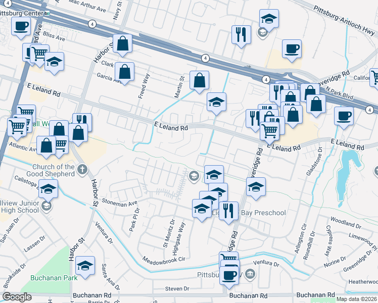 map of restaurants, bars, coffee shops, grocery stores, and more near 2229 Lynbrook Drive in Pittsburg