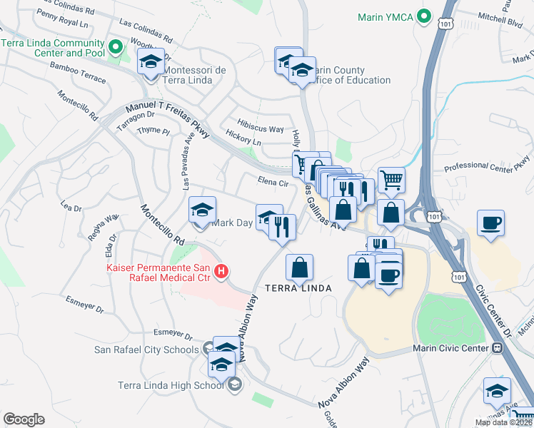 map of restaurants, bars, coffee shops, grocery stores, and more near 235 Arias Street in San Rafael