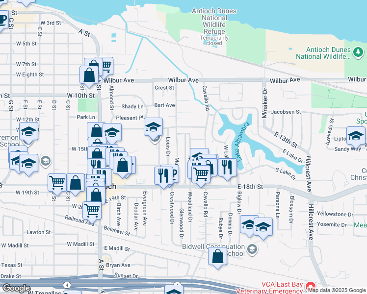map of restaurants, bars, coffee shops, grocery stores, and more near 1408 Wisner Drive in Antioch