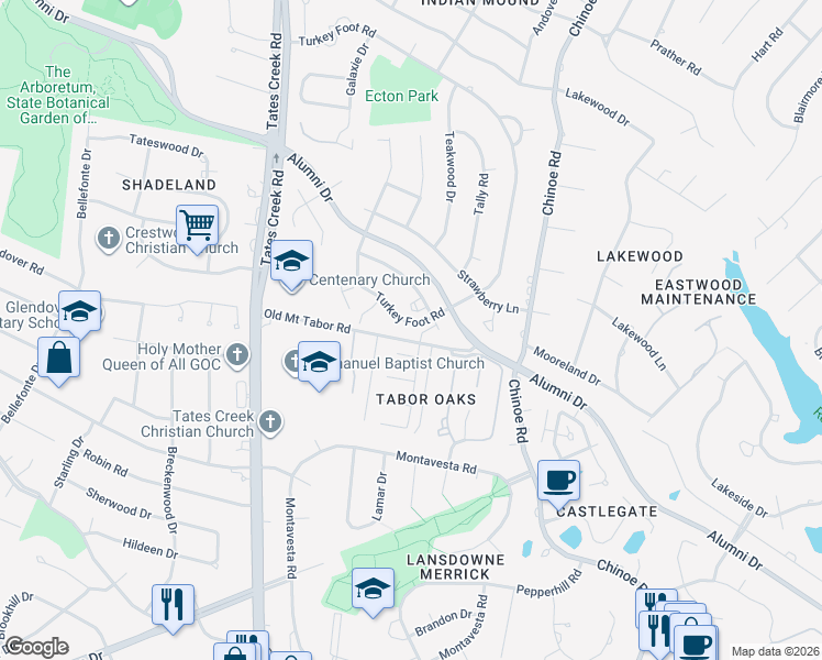 map of restaurants, bars, coffee shops, grocery stores, and more near 1201 Walkers Way in Lexington