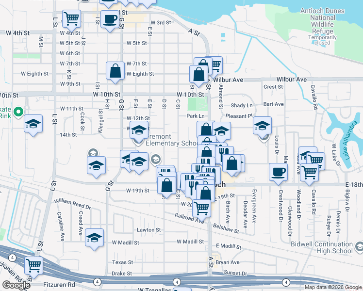 map of restaurants, bars, coffee shops, grocery stores, and more near 1510 C Street in Antioch