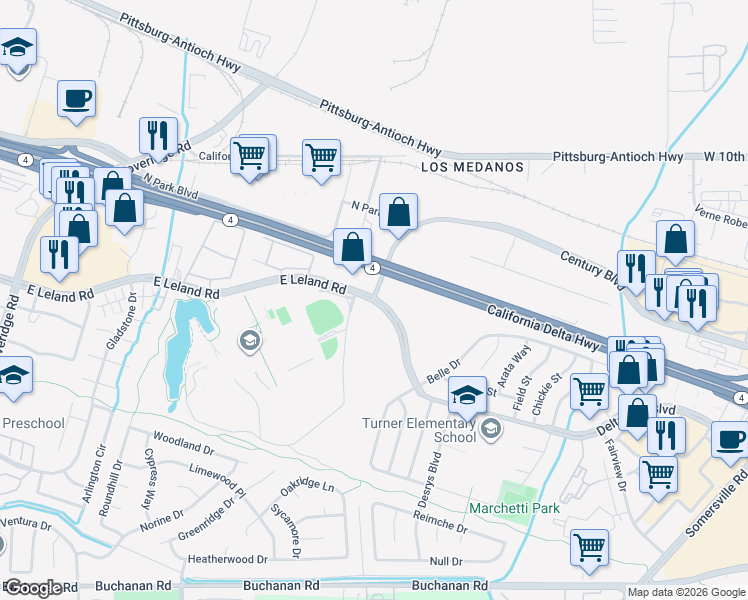 map of restaurants, bars, coffee shops, grocery stores, and more near 4685 Delta Fair Boulevard in Antioch