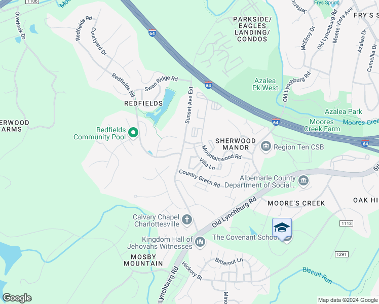 map of restaurants, bars, coffee shops, grocery stores, and more near 1506 Villa Terrace in Charlottesville