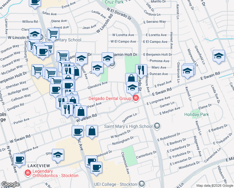 map of restaurants, bars, coffee shops, grocery stores, and more near 6027 Alturas Avenue in Stockton