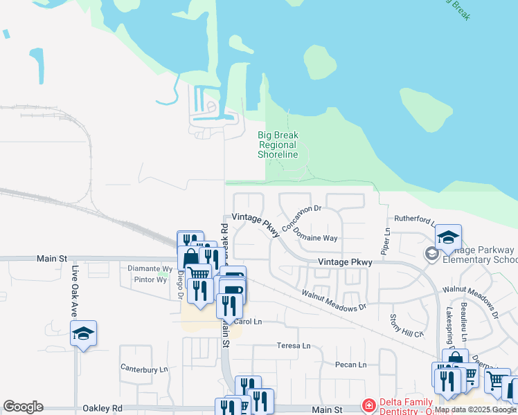 map of restaurants, bars, coffee shops, grocery stores, and more near 76 Ravenswood Court in Oakley