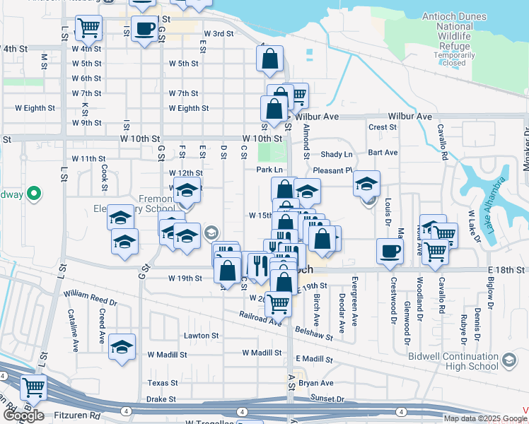map of restaurants, bars, coffee shops, grocery stores, and more near 102 West 15th Street in Antioch