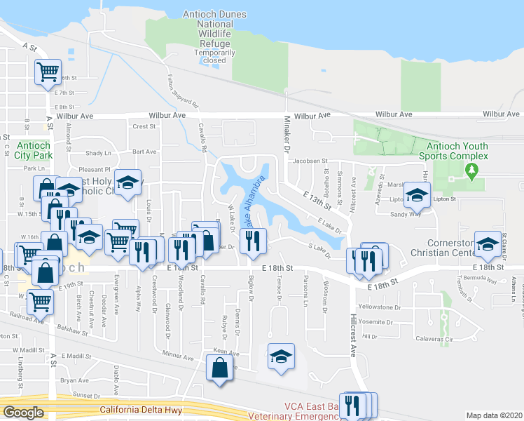 map of restaurants, bars, coffee shops, grocery stores, and more near 13 Alhambra Court in Antioch
