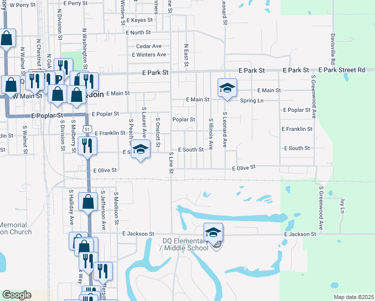 map of restaurants, bars, coffee shops, grocery stores, and more near 300 South Blackburn Street in Du Quoin
