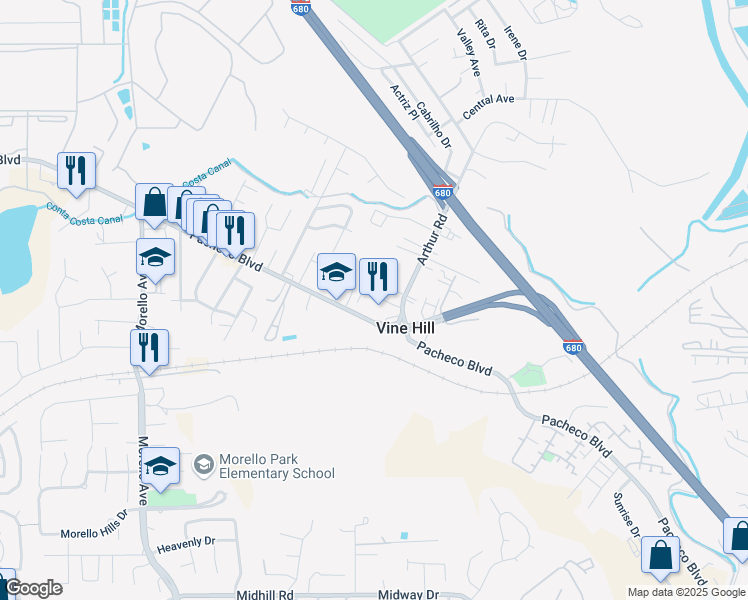 map of restaurants, bars, coffee shops, grocery stores, and more near 4285 Pacheco Boulevard in Martinez