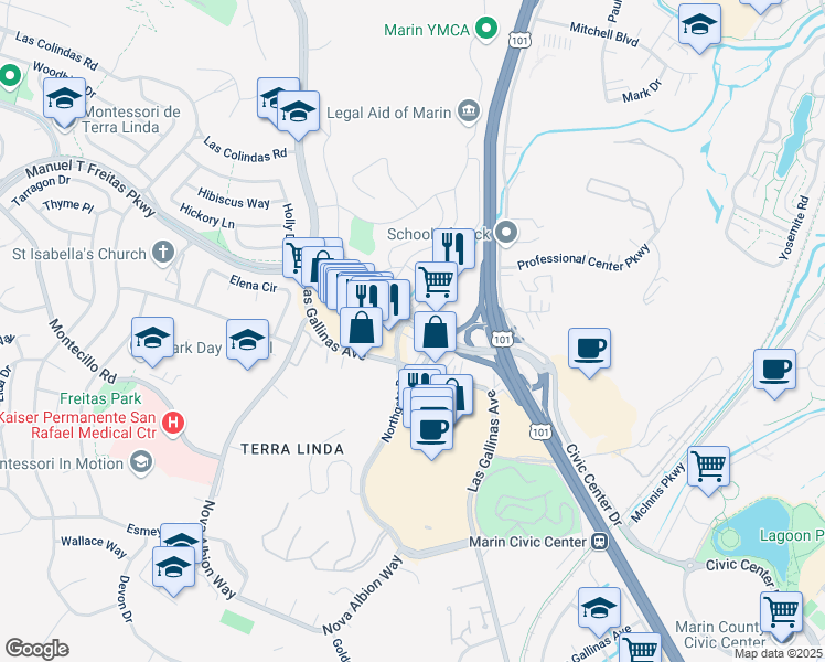 map of restaurants, bars, coffee shops, grocery stores, and more near Civic Center Drive in San Rafael