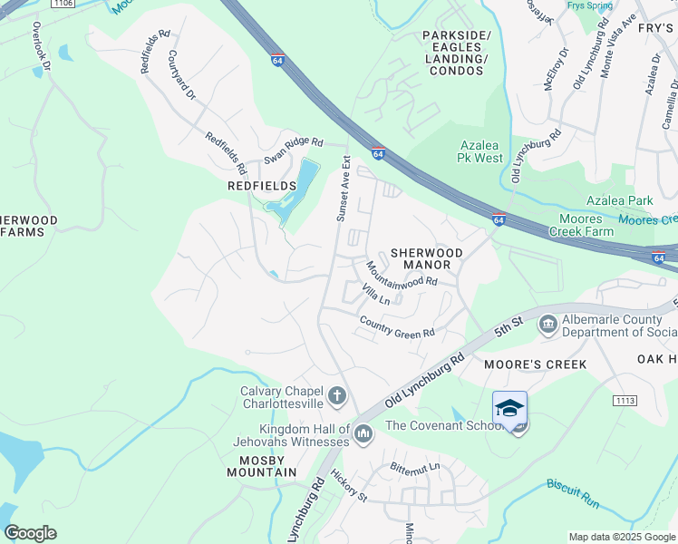 map of restaurants, bars, coffee shops, grocery stores, and more near 1354 Villa Way in Charlottesville