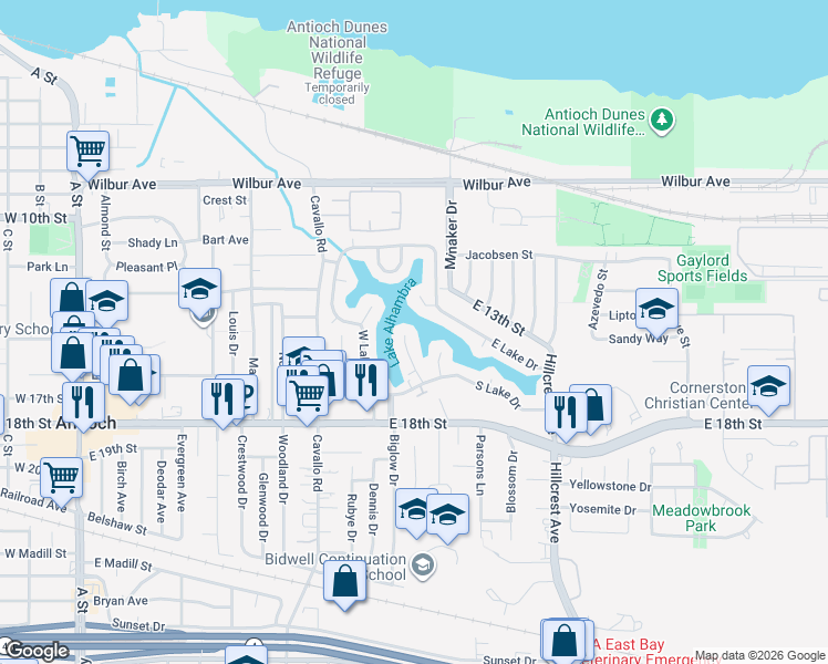 map of restaurants, bars, coffee shops, grocery stores, and more near 13 Alhambra Court in Antioch
