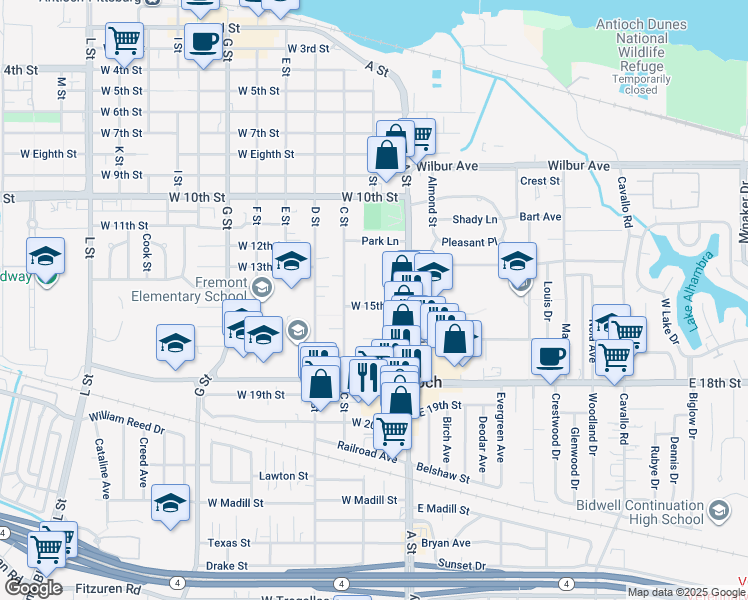 map of restaurants, bars, coffee shops, grocery stores, and more near 102 West 15th Street in Antioch