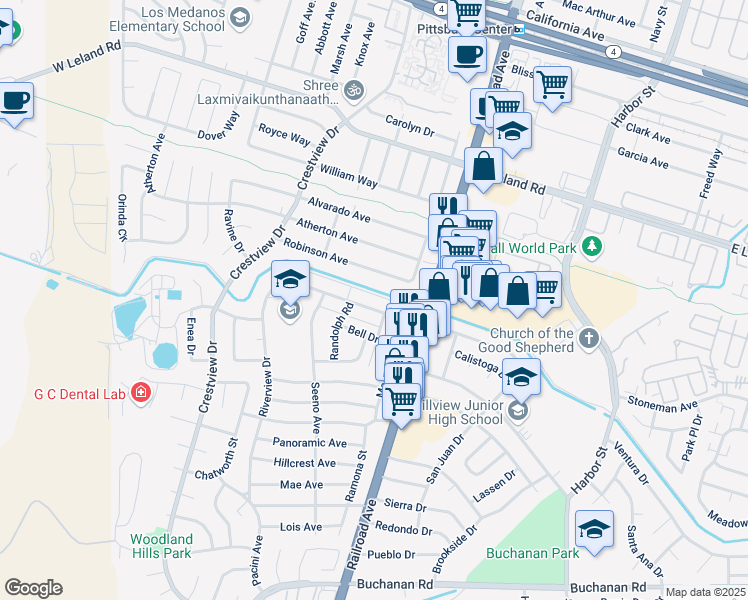 map of restaurants, bars, coffee shops, grocery stores, and more near 62 Alturas Avenue in Pittsburg