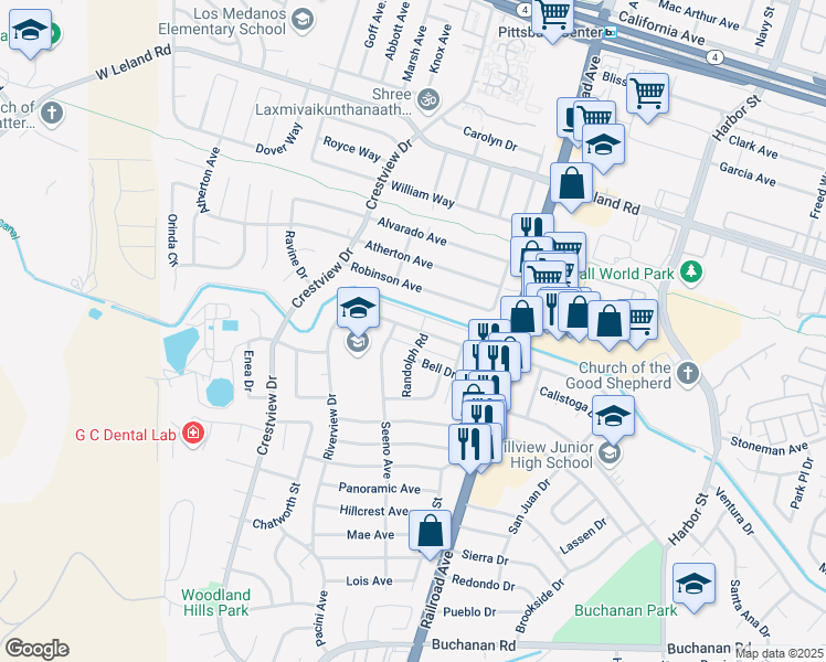 map of restaurants, bars, coffee shops, grocery stores, and more near 23 Seeno Avenue in Pittsburg