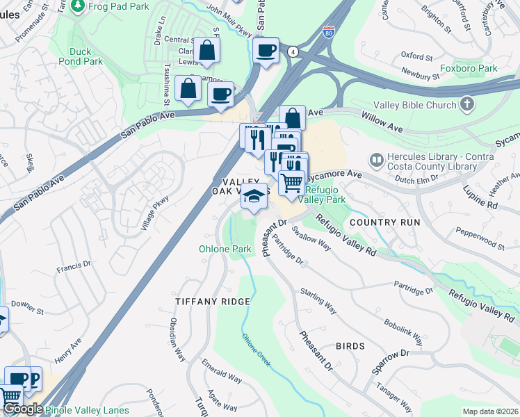 map of restaurants, bars, coffee shops, grocery stores, and more near 190 Turquoise Drive in Hercules