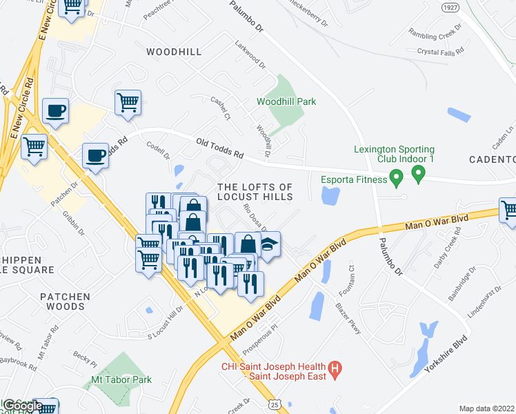 map of restaurants, bars, coffee shops, grocery stores, and more near 2616 Rio Dosa Drive in Lexington