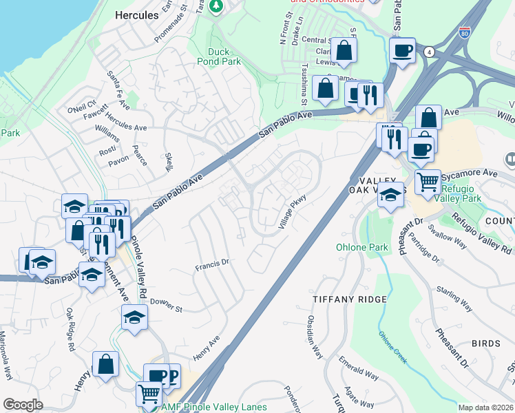 map of restaurants, bars, coffee shops, grocery stores, and more near 102 South Wildwood in Hercules