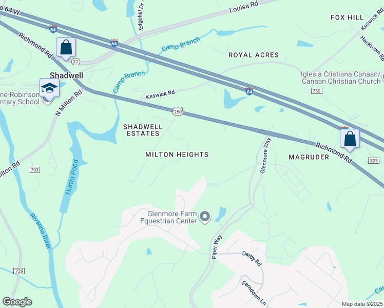 map of restaurants, bars, coffee shops, grocery stores, and more near 1041 Milton Drive in Keswick