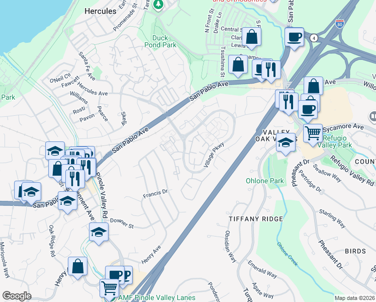 map of restaurants, bars, coffee shops, grocery stores, and more near 102 South Wildwood in Hercules