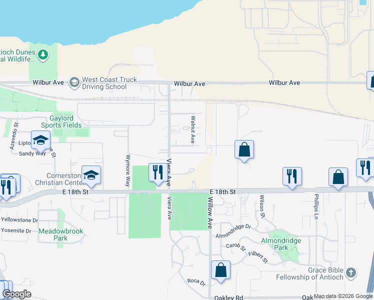 map of restaurants, bars, coffee shops, grocery stores, and more near 1881 Vine Lane in Antioch