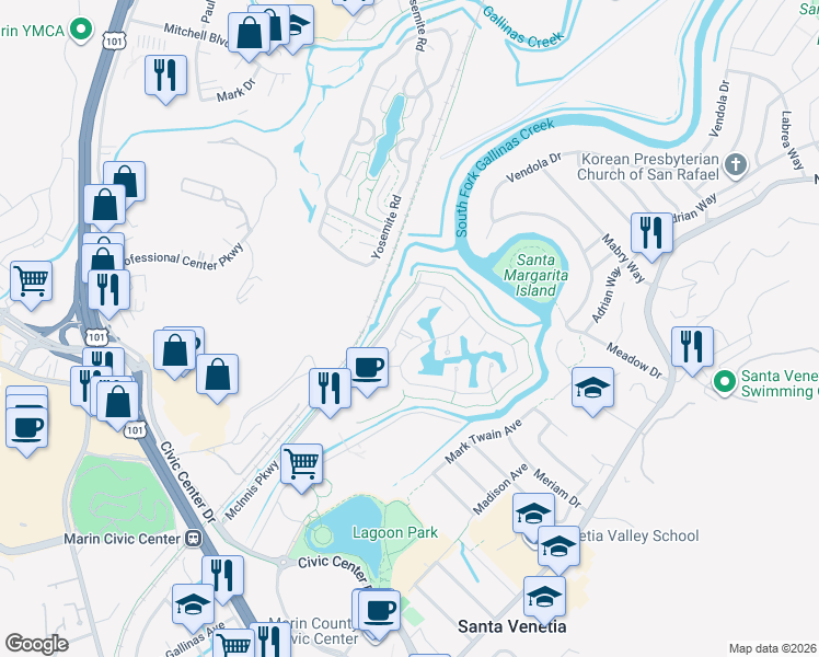map of restaurants, bars, coffee shops, grocery stores, and more near 6 Bridgewater Drive in San Rafael