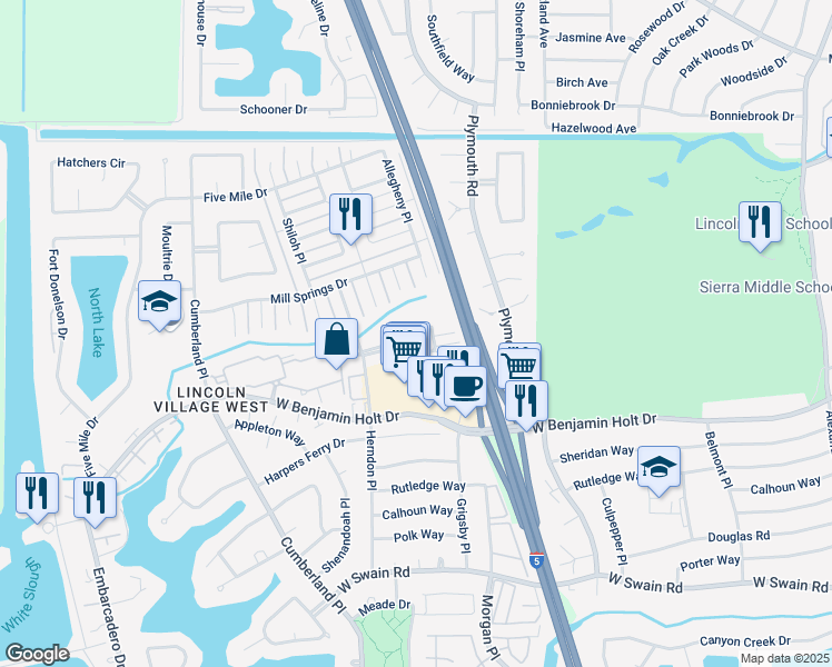map of restaurants, bars, coffee shops, grocery stores, and more near 3254 Blue Ridge Circle in Stockton