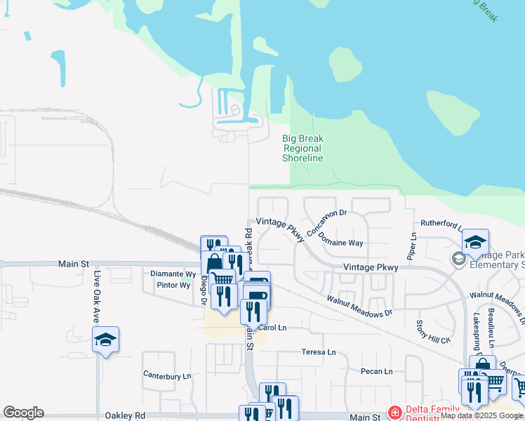 map of restaurants, bars, coffee shops, grocery stores, and more near 993 Almaden Circle in Oakley