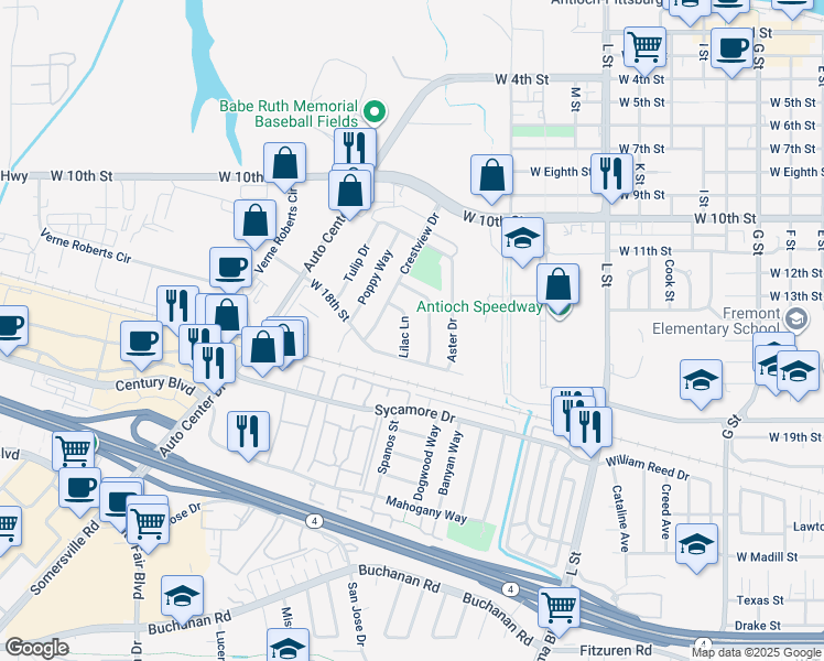 map of restaurants, bars, coffee shops, grocery stores, and more near 1607 Lilac Lane in Antioch