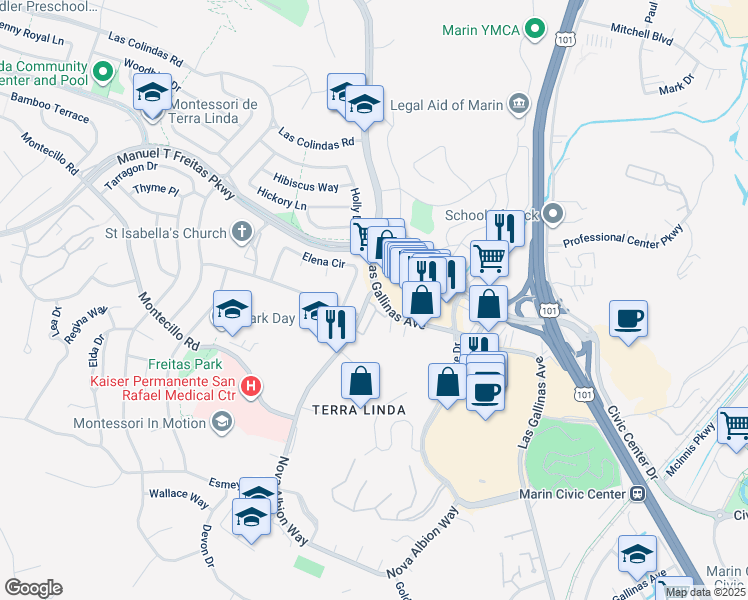 map of restaurants, bars, coffee shops, grocery stores, and more near 101 Nova Albion Way in San Rafael