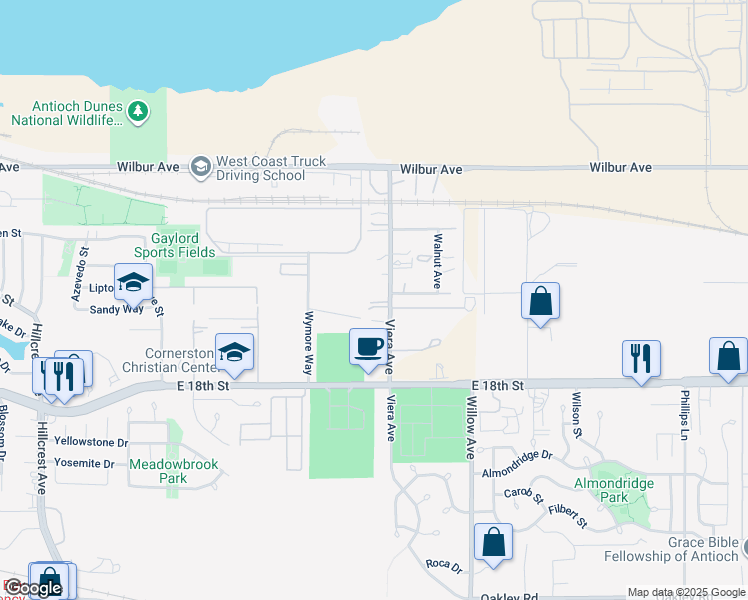 map of restaurants, bars, coffee shops, grocery stores, and more near 1550 Viera Avenue in Antioch