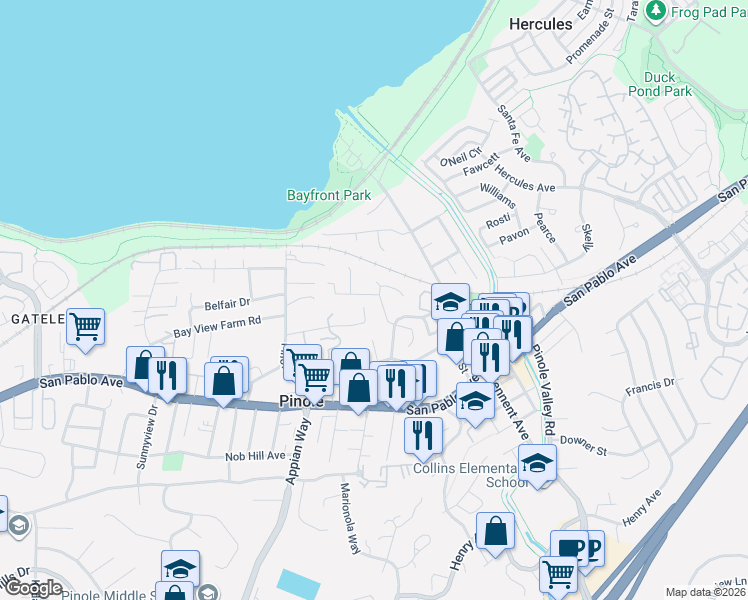 map of restaurants, bars, coffee shops, grocery stores, and more near 1799 Lefebvre Way in Pinole
