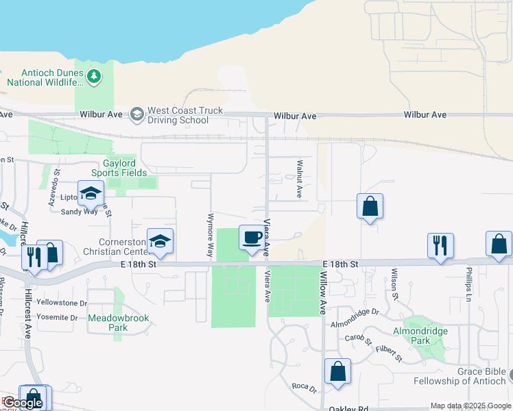 map of restaurants, bars, coffee shops, grocery stores, and more near 1618 Viera Avenue in Antioch