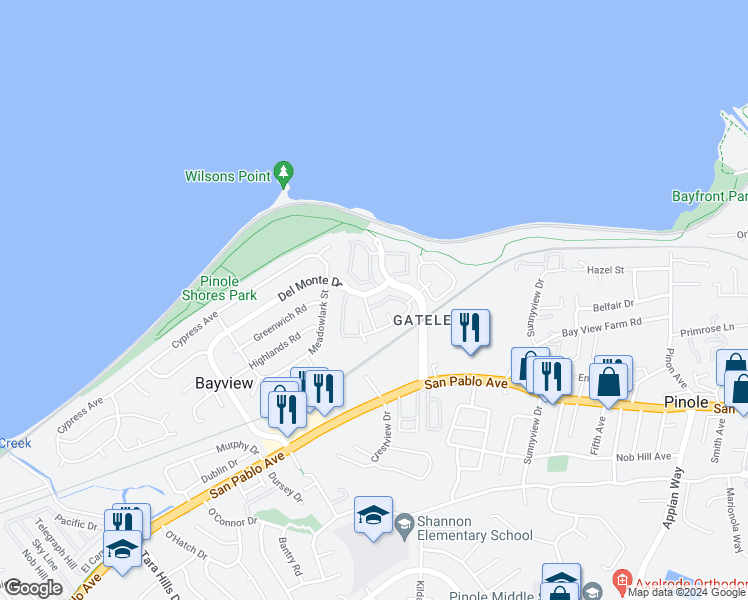 map of restaurants, bars, coffee shops, grocery stores, and more near 528 Dohrmann Lane in Pinole