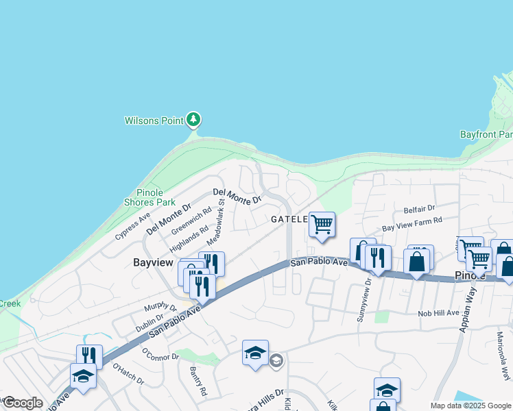 map of restaurants, bars, coffee shops, grocery stores, and more near 528 Dohrmann Lane in Pinole