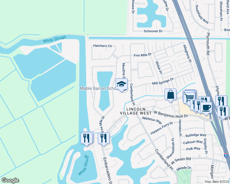 map of restaurants, bars, coffee shops, grocery stores, and more near 4040 Five Mile Drive in Stockton