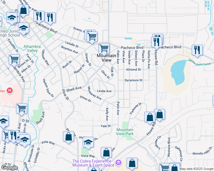 map of restaurants, bars, coffee shops, grocery stores, and more near 2555 Orange Street in Martinez