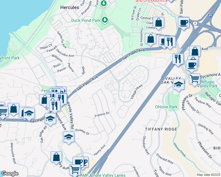 map of restaurants, bars, coffee shops, grocery stores, and more near 119 Glenwood in Hercules