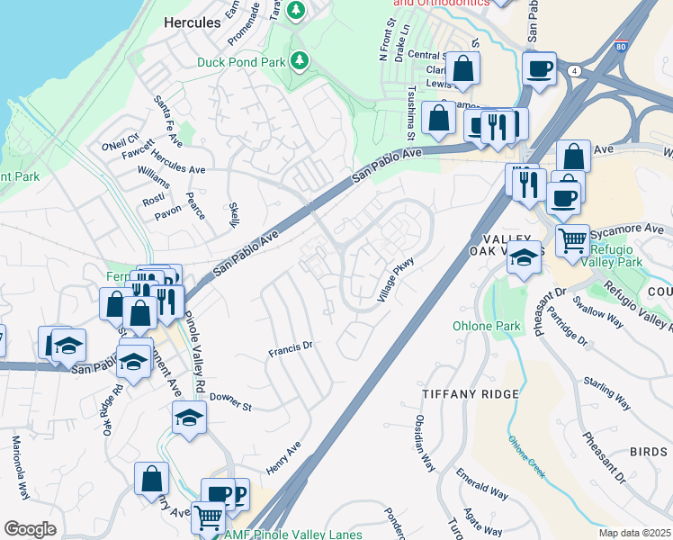 map of restaurants, bars, coffee shops, grocery stores, and more near 6 Glenwood in Hercules
